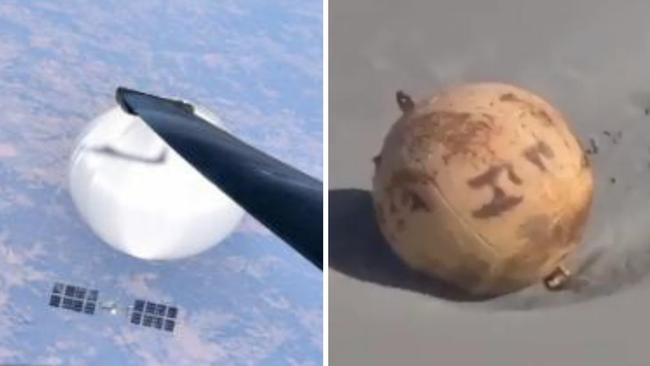 A pilot’s ‘selfie’ of the Chinese spy balloon that flew across the United States, and a mysterious iron buoy that washed up on a beach in Japan. Picture: Supplied