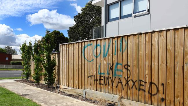 Covid graffiti in Geelong. Picture: Alison Wynd