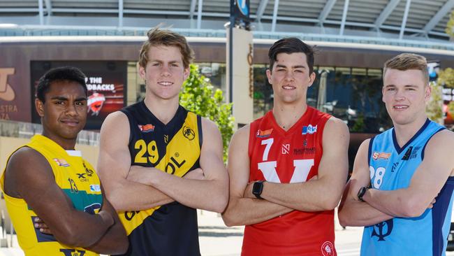 Kysaiah Pickett, Kaine Baldwin, Karl Finlay and Joshua Shute were all part of SA’s AFL Academy Hub. Picture: AAP Image/ Brenton Edwards