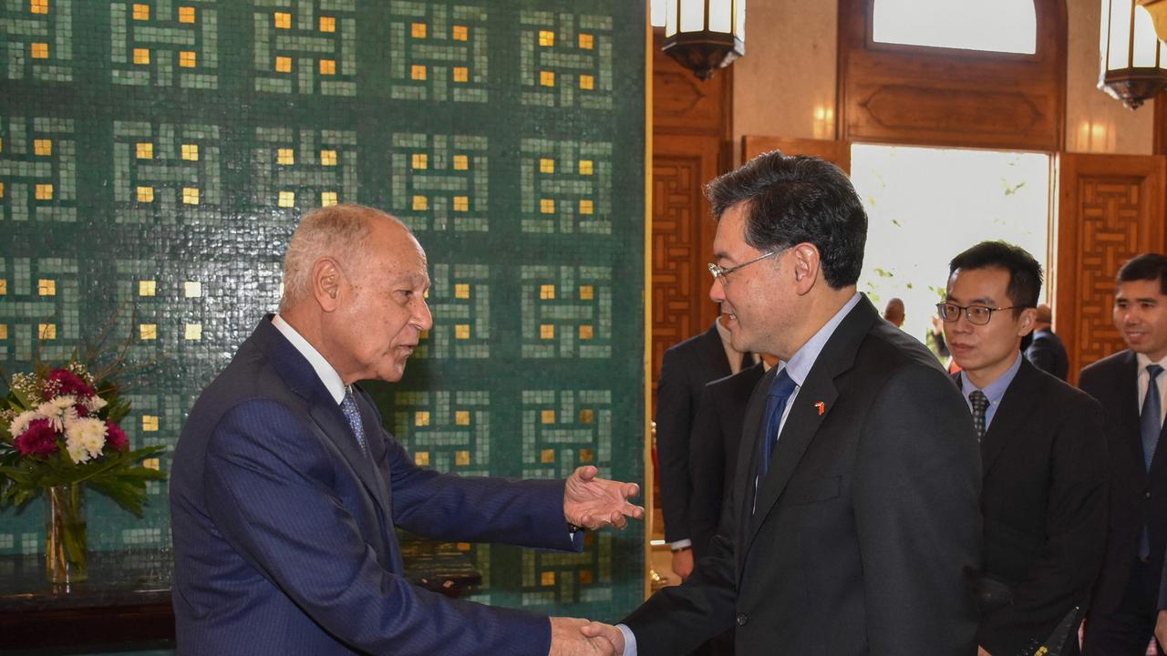 Arab League Secretary-General Ahmed Aboul-Gheit (left) welcomes Chinese Foreign Minister Qin Gang and a delegation at the league's headquarters in Cairo, on January 15, 2023. Picture: AFP