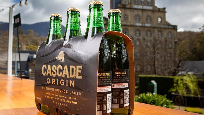 Cascade origin six packs feature Cascade Brewery with the silhouette of the mountain and thylacine stripes. Picture: Linda Higginson