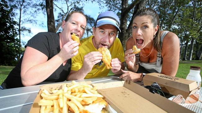 Enjoying Fish and Chips on the Tweed are Alison Whyman, Brad Frankham and Wendy Powick. Picture: Scott Powick