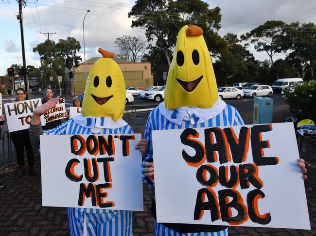 Protesters from GetUp during a rally outside the Boothby candidates debate in Adelaide. Picture: AAP