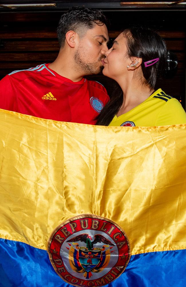 Boisterous Colombian supporters watching their national side take on Argentina in the 2024 Copa America Final at the Lost Arc, Darwin. Picture: Pema Tamang Pakhrin.