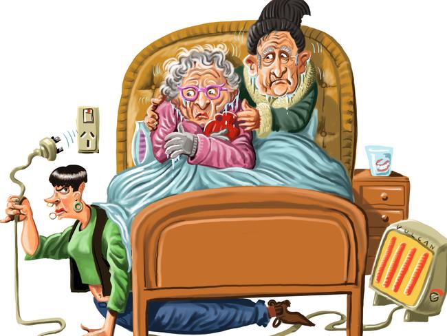 Elderly couple shiver as a green activist disconnects their heating. Artwork: John Tiedemann