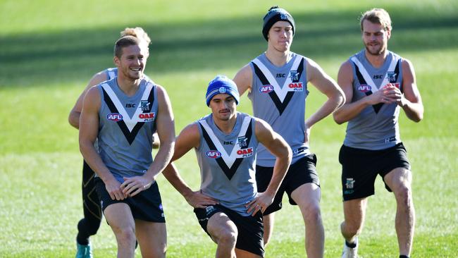 Port Adelaide Power players are seen during captains run training session at Adelaide Oval, in Adelaide, Thursday, June 21, 2018. (AAP Image/David Mariuz) NO ARCHIVING