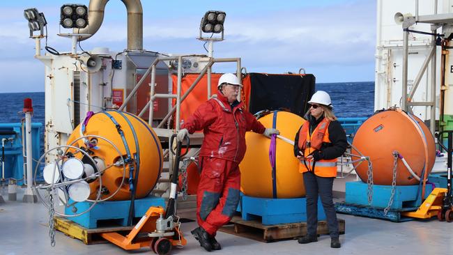 CSIRO RV Investigator FOCUS voyage crew Jim LaDuke and Associate Professor Helen Phillips talking about floats. Picture: Mark Horstman