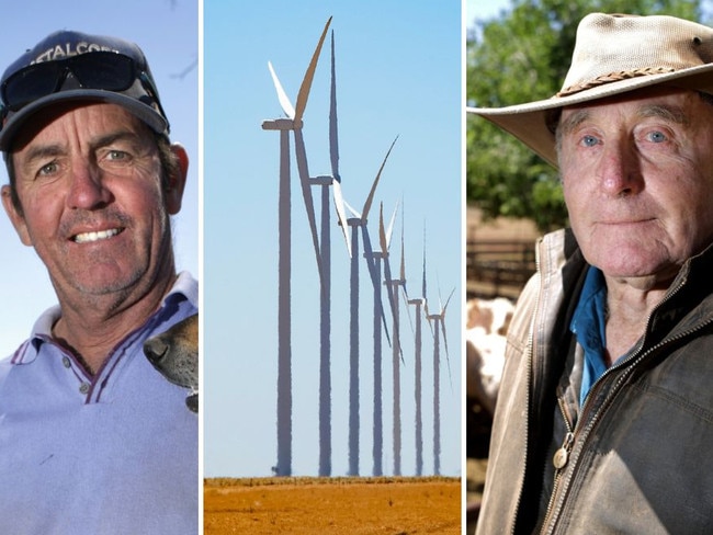Simon Barton has 10 wind turbines at his Wellington NSW property, sheep breeder John Kelly at Wongarbon, NSW