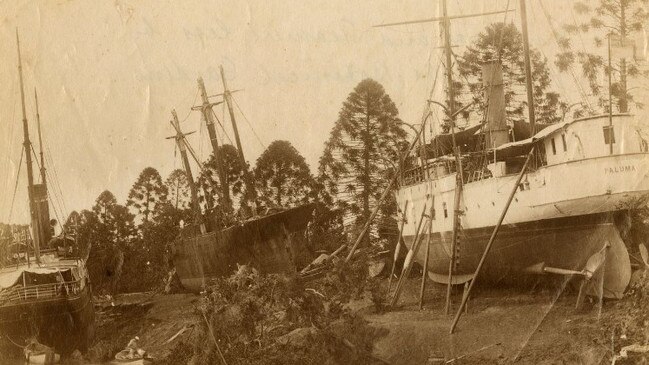 Gunboat Paluma and steamers left stranded in the Botanical Gardens during the 1893 flood in Brisbane.