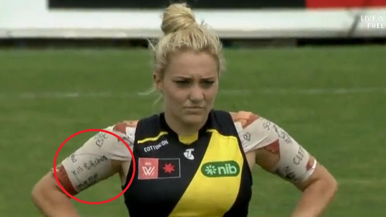 Richmond's Jess Hosking with messages written on her shoulder tape.