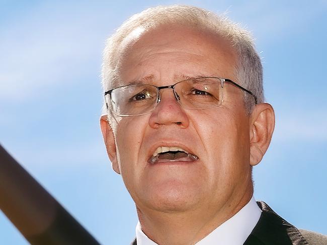 MELBOURNE, AUSTRALIA - NewsWire Photos 08 APRIL 2022 :  Australian Prime Minister Scott Morrison at the site in Avalon where Hanwha Defense  Australia  will build its Australian military vehicle production facility. Picture : NCA NewsWire / Ian Currie