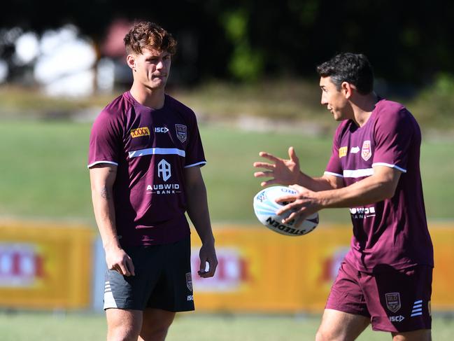 Queensland Maroons player Kalyn Ponga is mentored by former Origin star Billy Slater during training in Brisbane in 2019. Picture: Dan Peled / AAP