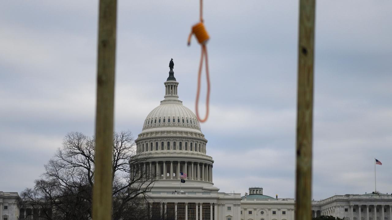 The gallows, and noose, set up outside Congress on January 6, 2021. Some of Mr Trump’s supporters chanted “hang Mike Pence”. Picture: Andrew Caballero-Reynolds/AFP