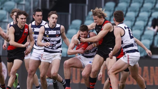 Josh McGuinness Lauderdale and Harvey Griffiths North Launceston. TSL grand final 2024 - North Launceston V Lauderdale. Picture: Nikki Davis-Jones