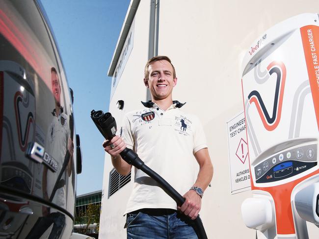 Chris Hewitt poses at Tritium in Murarrie, Brisbane on Wednesday, September 12, 2018. Tritium have got US funding to make super fast charging stations for growing electric car market. (AAP Image/Claudia Baxter)