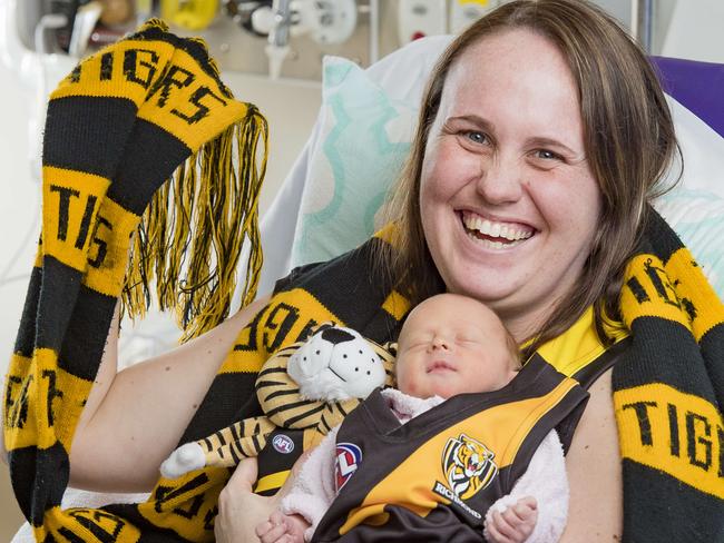 Shannon Hardy, with newborn Ellie just before the 2017 AFL grand final, in which Shannon’s beloved Tigers broke their premiership drought. Picture: Jason Edwards