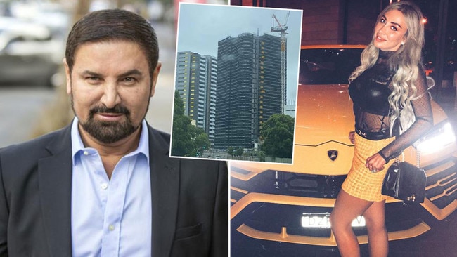 Jean Nassif, left, and a snap of the bright yellow Lamborghini he infamously gifted model/actor wife Nissy, right, and one of Toplace's problem developments. Pictures: Supplied