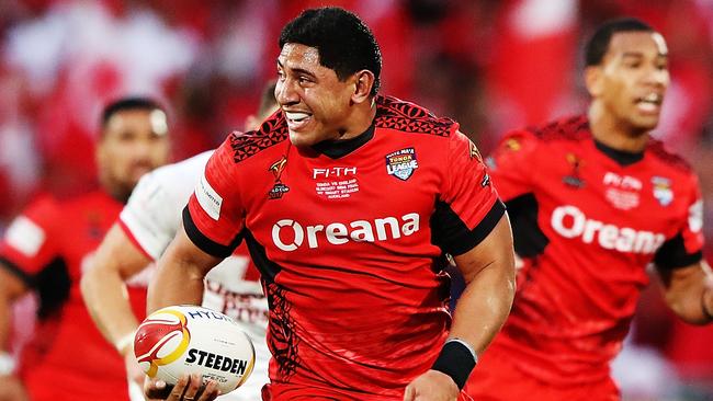 Jason Taumololo in action for Tonga in the Rugby League World Cup.