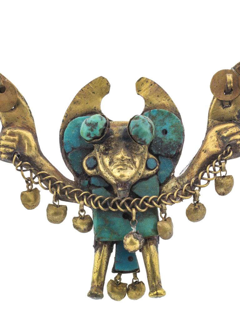 A gold and turquoise nose ornament from Machu Picchu and the Golden Empires of Peru.