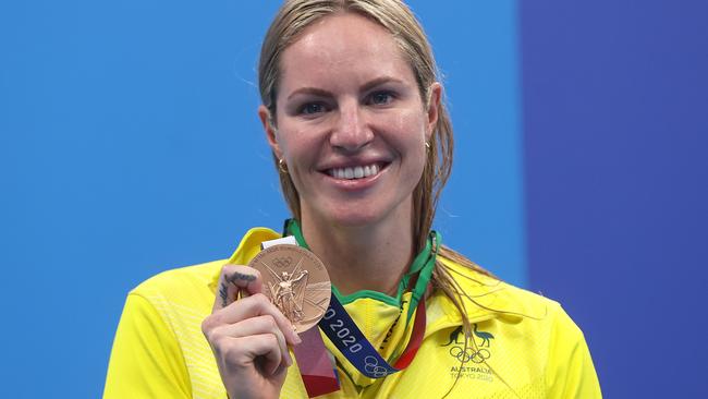 Emily Seebohm poses on the podium during the medal ceremony for the women's 200m backstroke final at Tokyo Aquatics Centre. Picture: Clive Rose/Getty Images