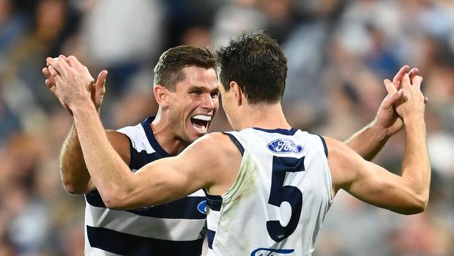 Tom Hawkins and Jeremy Cameron celebrate another goal for the Cats. Picture: Getty Images