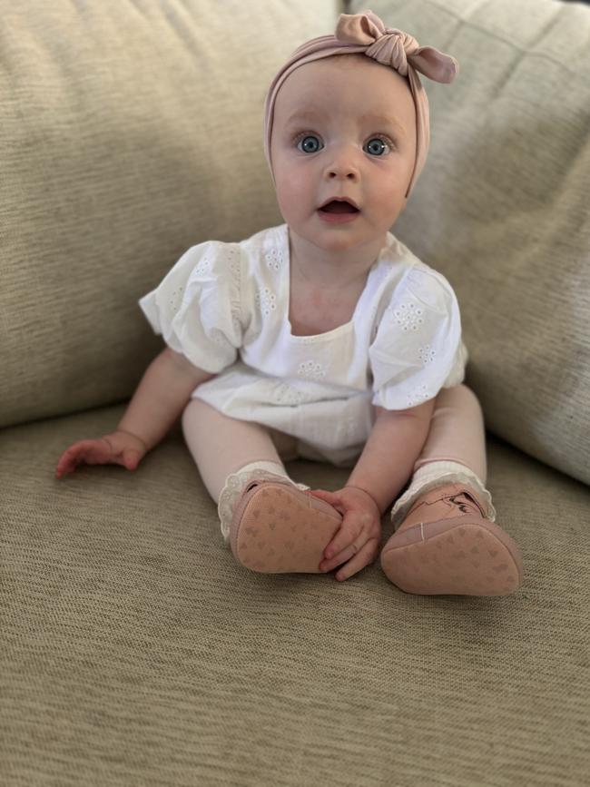 Addie Osborne. Seven months old. Addie is our cheeky, sassy, happy little girl who loves her puppy Axel and getting up to mischief while she crawls and explores. Her favourite things to do at the moment are say Dada and blow raspberries.