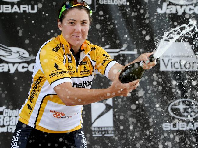 Hosking sprays champagne after winning Stage 4 of the Mitchelton Bay Cycling Classic Stage. Picture: Colleen Petch.