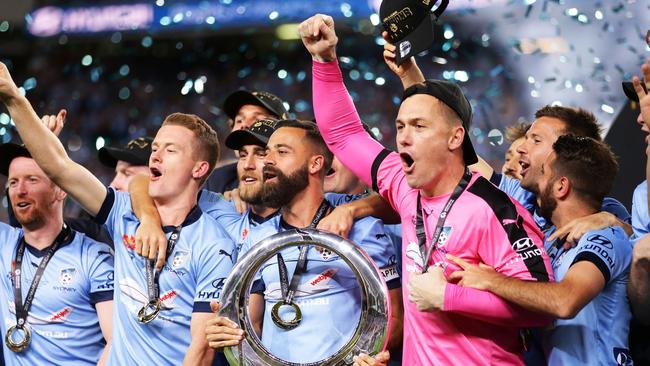 Sydney FC players celebrate their season 2016/17 title win. Picture: Getty Images  