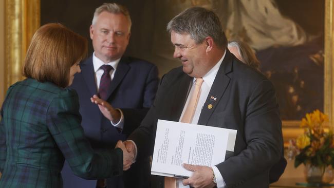 Governor of Tasmania, Barbara Baker, with new minister Kerry Vincent at the swearing in of the new Rockliff cabinet at Government House in Hobart, earlier this week. Picture: Nikki Davis-Jones