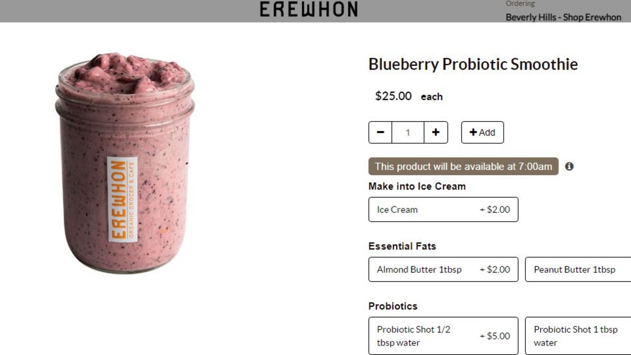 The supermarket sells $US25 ($A38) smoothies. Picture: Erewhon Supermarket