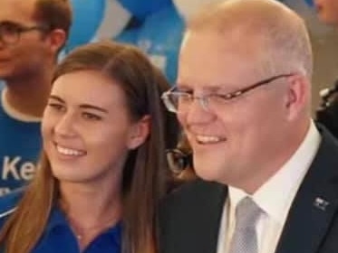 Liberal party staffer Brittany Higgins who has made shocking claims that she was raped whilst in the defence industry minister's office in Parliament House, Canberra after a Friday night drinking session in March 2019 - With Scott Morrison. Social Media Image