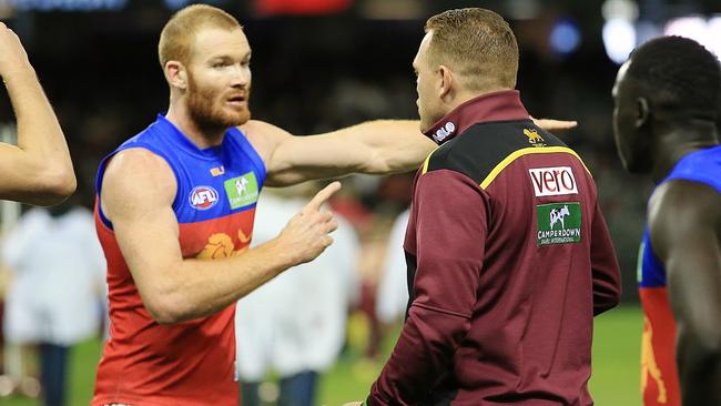 Daniel Merrett talks to Justin Leppitsch. Picture: Wayne Ludbey