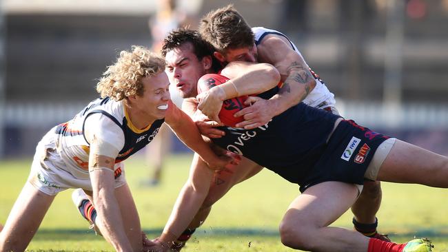 Norwood's Lewis Johnston in the thick of the action against the Crows this season. Picture: AAP IMAGE/DEAN MARTIN