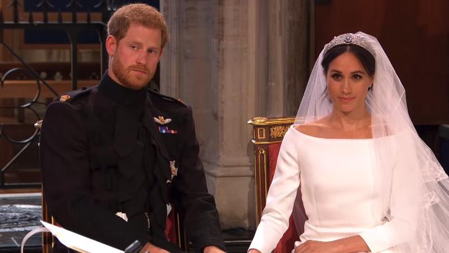 Prince Harry struggled to stay engaged with what US Bishop Michael Curry’s sermon. Picture: BBC