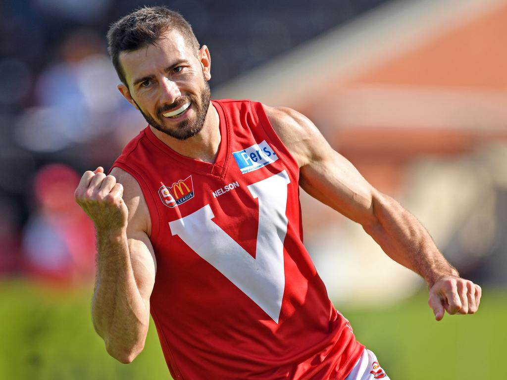 22/04/17 - Port Adelaide v North Adelaide at Alberton Oval.  North's Leigh Ryswyk celebrates kicking a goal.Picture: Tom Huntley