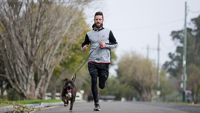 Aaron Bloom, 33, of Penrith runs with his dog, Brutus along Nepean Ave. Picture: Justin Sanson