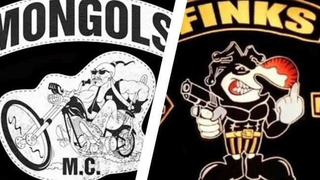 Bikie logos from the Mongols and the Finks. Shane Bowden was a member of both.