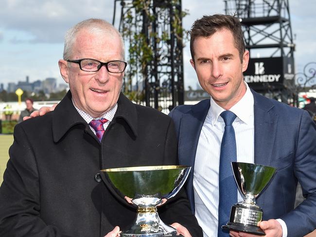 Mick Price and Michael Kent jnr  after winning  the PFD Food Services Makybe Diva Stakes at Flemington Racecourse on September 10, 2022 in Flemington, Australia. (Photo by Brett Holburt/Racing Photos via Getty Images)