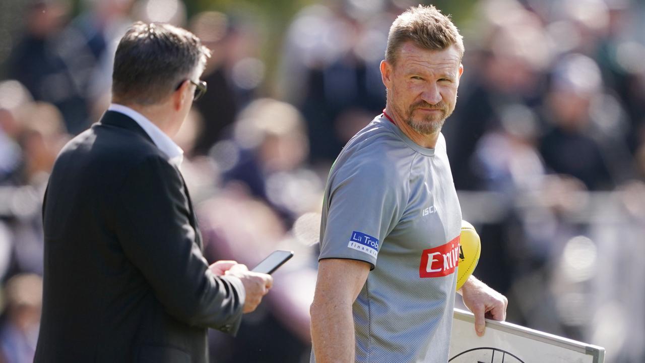 Magpies coach Nathan Buckley with club president Eddie McGuire. Collingwood is in the midst of a cap squeeze. (AAP Image/Michael Dodge)