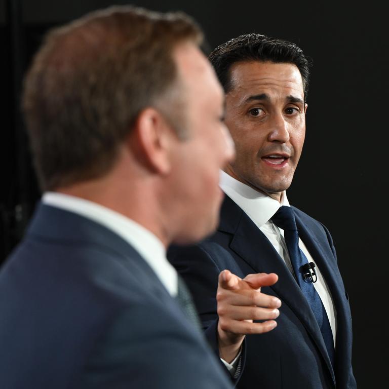 Premier Steven Miles (foreground) and Opposition Leader David Crisafulli at this week’s Courier-Mail/Sky News Australia People’s Forum. Picture: Lyndon Mechielsen