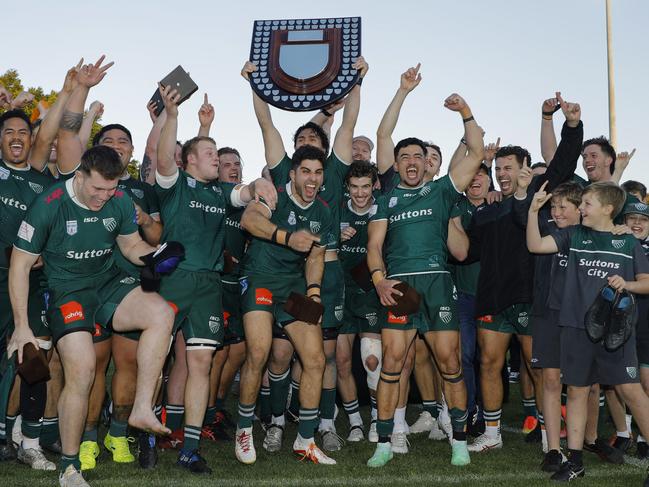 Randwick celebrate their 2023 Shute Shield grand final win at Leichhardt Oval. Picture: Karen Watson