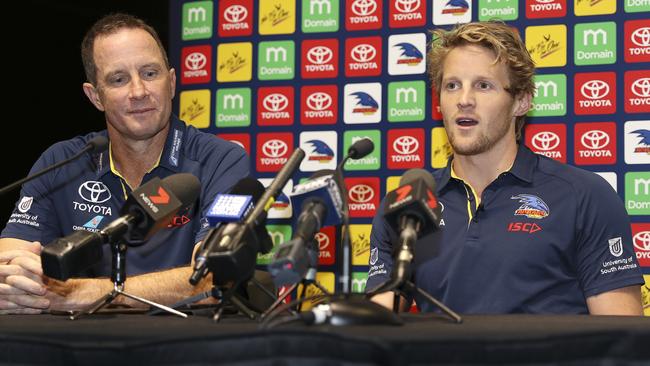 Sloane announces his re-signing at a press conference with senior coach Don Pyke. Picture: Sarah Reed