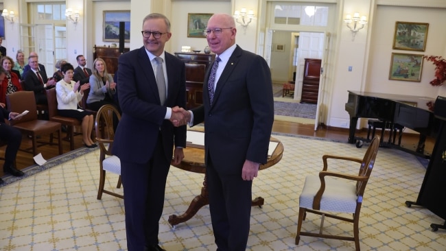 Anthony Albanese shakes the hand of The Governor-General David Hurley. Picture: Getty Images