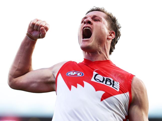 SYDNEY, AUSTRALIA - AUGUST 27:  Hayden McLean of the Swans celebrates a goal during the round 24 AFL match between Sydney Swans and Melbourne Demons at Sydney Cricket Ground, on August 27, 2023, in Sydney, Australia. (Photo by Matt King/AFL Photos/via Getty Images )