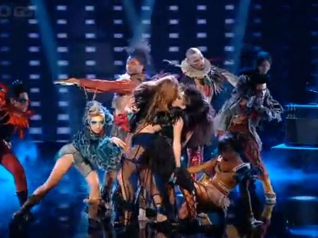Miley Cyrus' next trick was to lock lips with a female dancer during a performance on Britain's Got Talent, June 3, 2010. Picture: YouTube