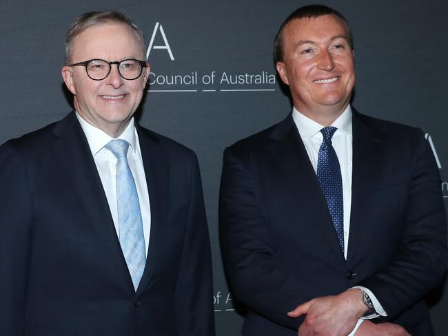 23/8/23: Incoming CEO Bran Black and PM Anthony Albanese at the Business Council of Australia Annual Dinner in Sydney. John Feder/The Australian.