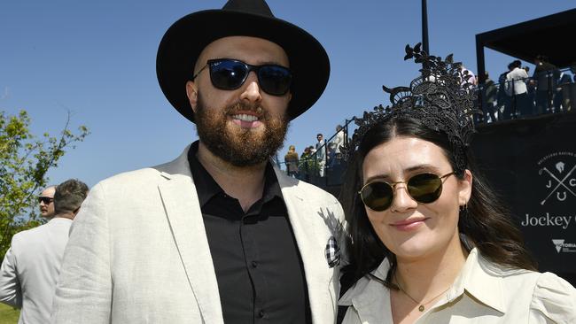 Caulfield Guineas horse race meeting, Caulfield, Victoria, Saturday 12th October 2024. Faces in the crowd. Pictured enjoying the race meeting are Jake and Maddy. Picture: Andrew Batsch