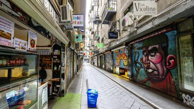 A deserted inner city laneway in Melbourne is a ghost town compared to Sydney which is opening up. Picture: David Geraghty/NCA NewsWire