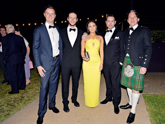 Rhys Rogers, Matthew Woods, Annette Espirito, Andrew Green, and Ian Perkins at the 2017 Qantas Darwin Turf Club Gala Ball at SkyCity Casino. Picture: MICHAEL FRANCHI