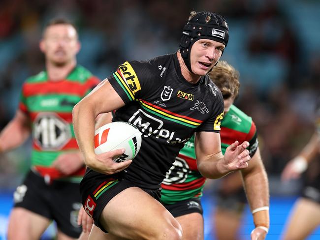 SYDNEY, AUSTRALIA - MAY 02:  Brad Schneider of the Panthers makes a break to score a try during the round nine NRL match between South Sydney Rabbitohs and Penrith Panthers at Accor Stadium on May 02, 2024, in Sydney, Australia. (Photo by Cameron Spencer/Getty Images)